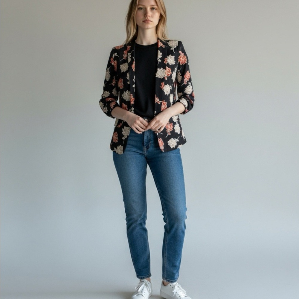 Calvin Klein Black Floral Blazer with Orange Accents